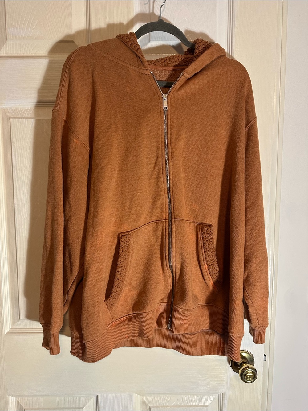 aerie Teddy-Lined Zip Hoodie Jacket in Rust Brown
